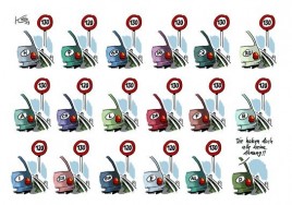 Karikatur von Karl Stuttmann, Badische Zeitung 9.5.013: 21 EU-Staaten haben keine Ahnung? - Sie haben ein Tempolimit auf Autobahnen, Deutschland nicht... Bild